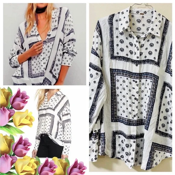 Free People Voile Little Secrets Shirt in a white and blue bandana print size XS - Picture 1 of 5